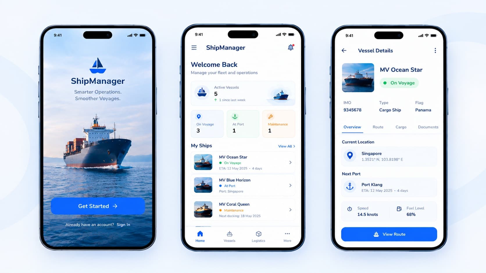ShipManager app screens: onboarding, fleet dashboard with active vessels, and vessel details with route and cargo tabs
